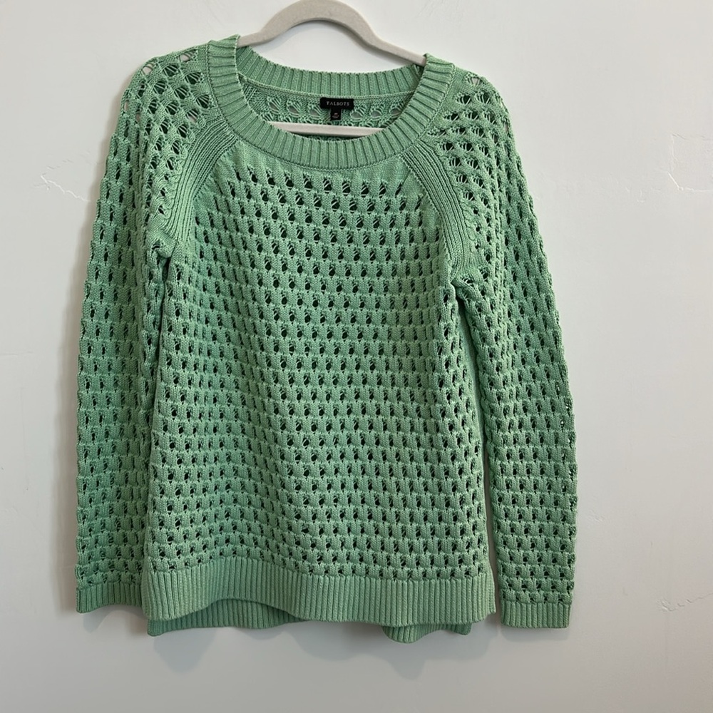 Talbots Mint Green Open Weave Crew-Neck Sweater, Cotton/Poly, Size Medium